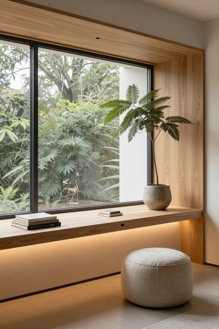 Modern wooden window seat with books, plant, and round ottoman.