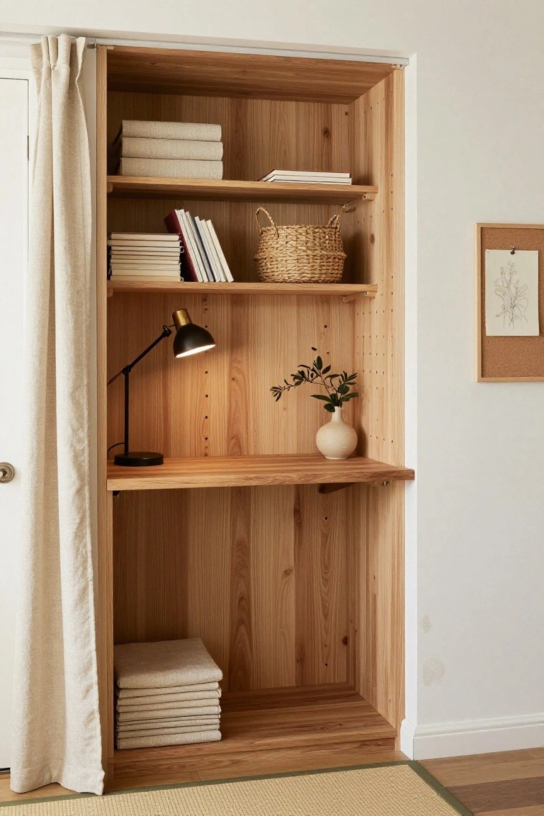 Wooden built-in shelving unit with open shelves holding stacked books, linens, wicker basket, desk lamp, vase with greenery, and lower desk shelf area next to beige curtain-covered door in light room.