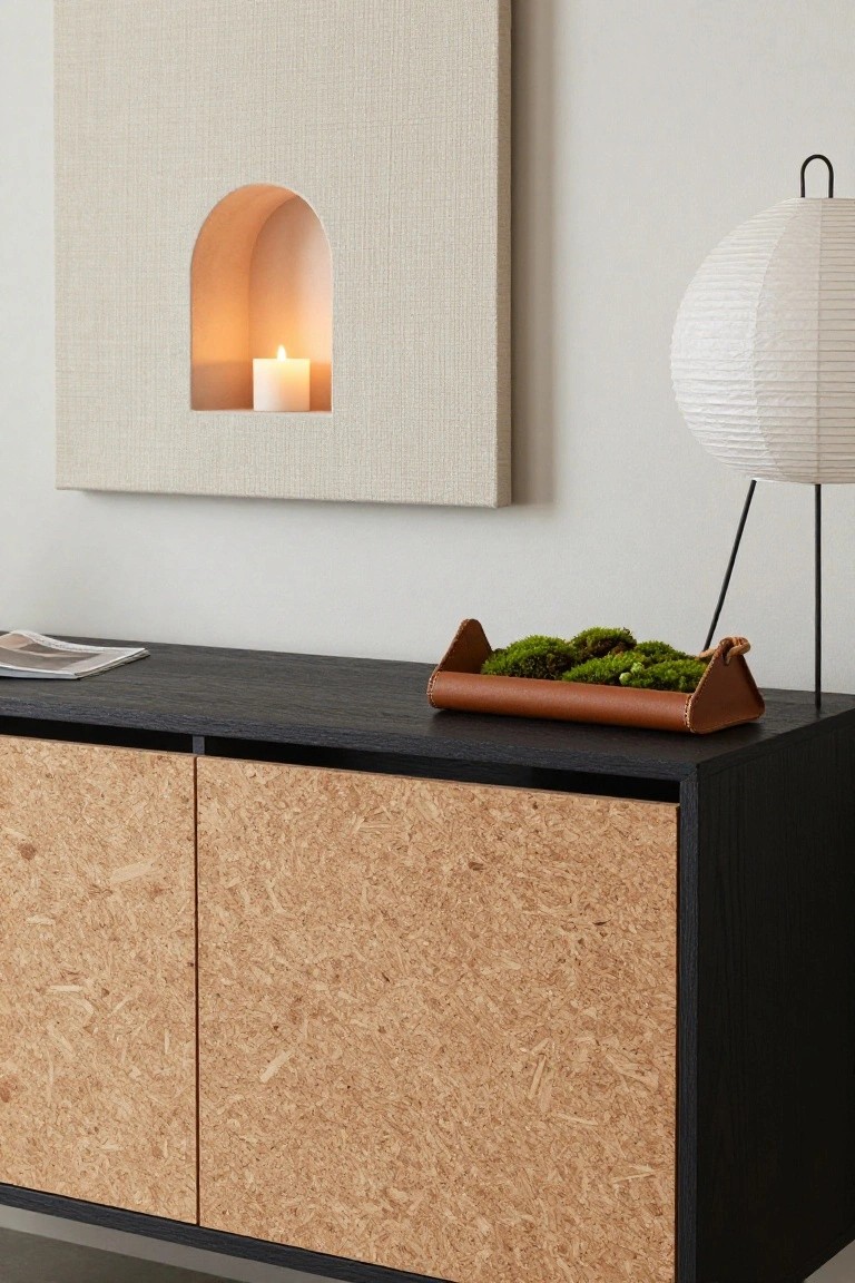 A beige textured wall panel with an arched niche containing a lit white candle, beside a white paper lantern floor lamp, above a black-topped sideboard with orange-brown cork-paneled doors holding a brown leather tray of green moss.