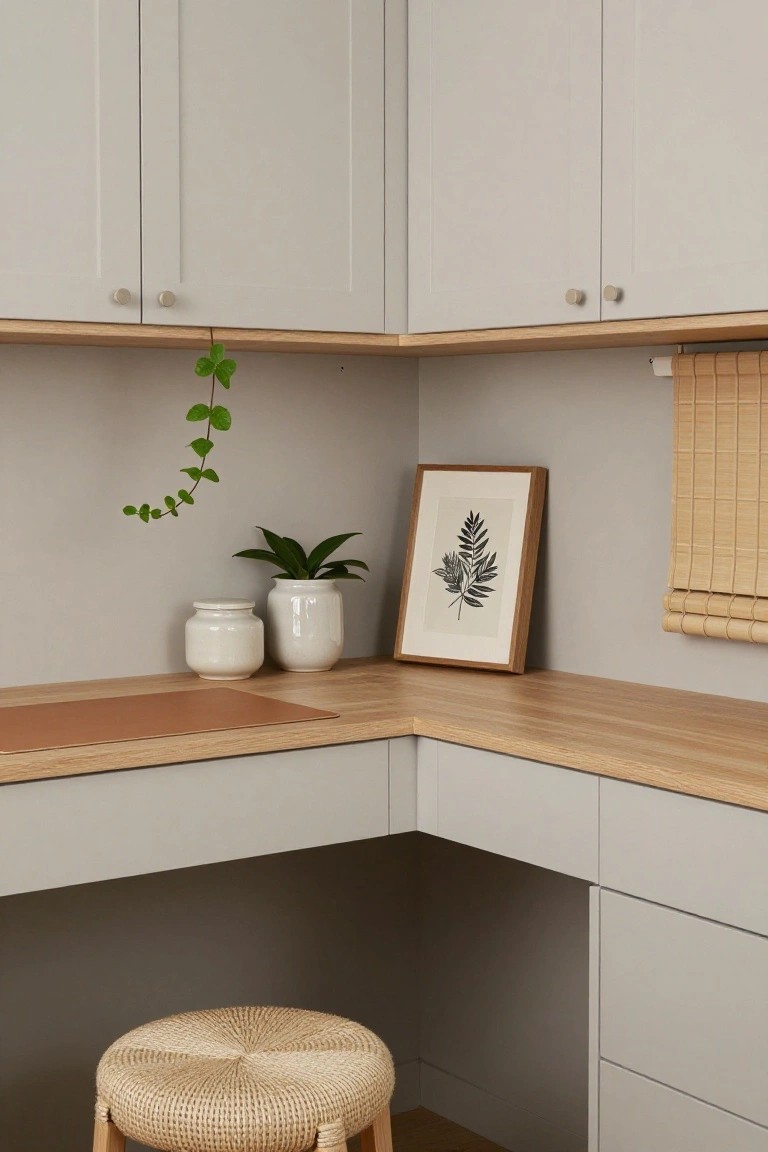 Modern kitchen corner with light wood counters, gray cabinets, plants, and woven stool.