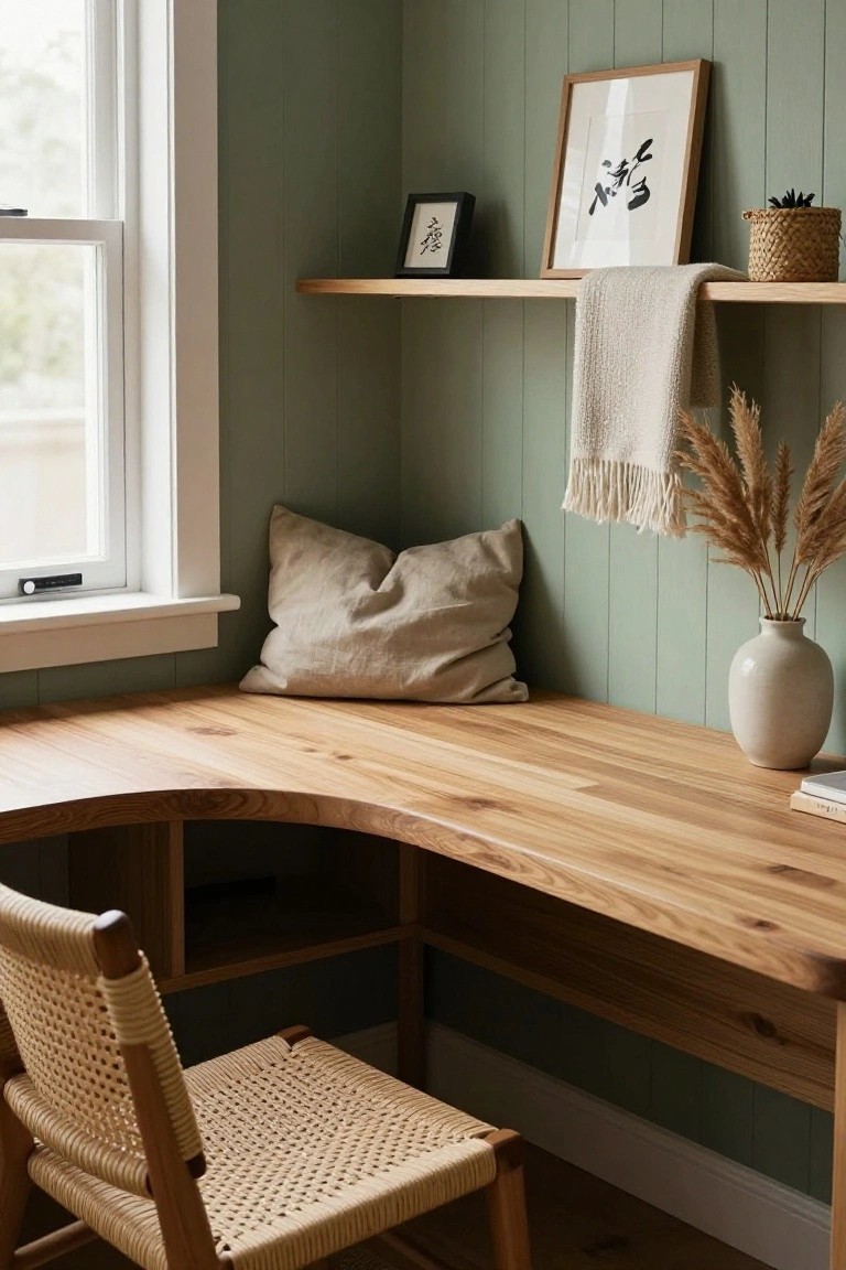 Corner office nook with sage green vertical paneled walls, curved live-edge wooden desk, rattan cord chair, pampas grass in white vase, floating oak shelf holding frames and plant.