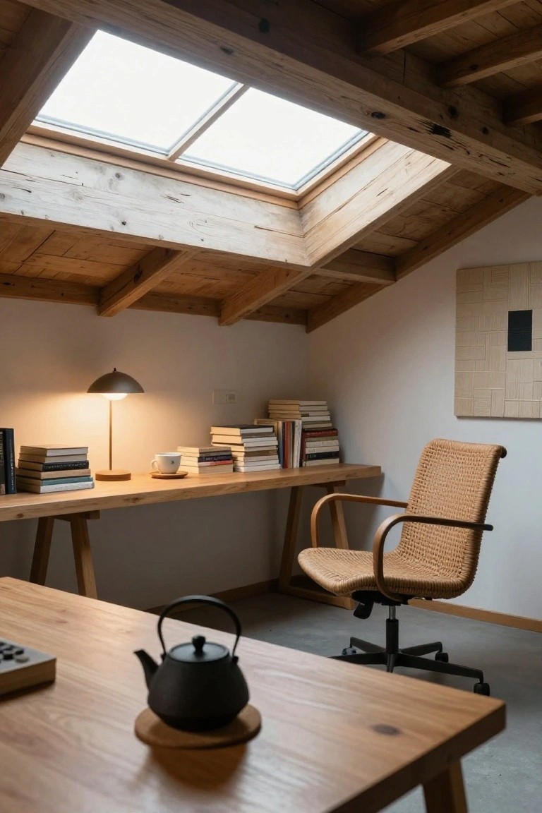 Attic home office with exposed wooden ceiling beams and skylight, wooden desk holding stacked books and a lamp, rattan swivel chair, black teapot on a wooden table, and woven wall art.