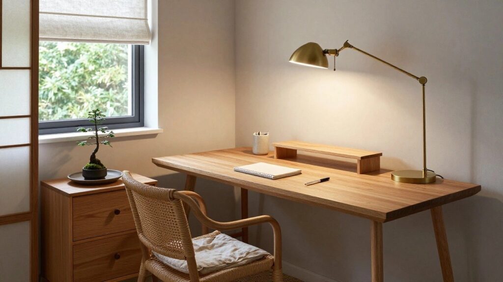 A Japandi home office corner with a wall-mounted oak desk featuring drawers, rattan chair with white cushion, bonsai tree in dish, shoji screen, gold adjustable lamp, and white vase on white walls near a linen-curtained window.