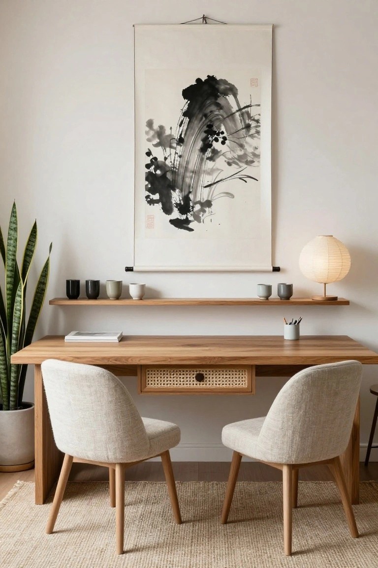 Home office featuring a light wooden desk with rattan-fronted drawer, two cream upholstered chairs, a tall snake plant in a white pot, a floating wooden shelf displaying four ceramic cups, a white paper lamp, and a large vertical black ink scroll artwork on a white wall.