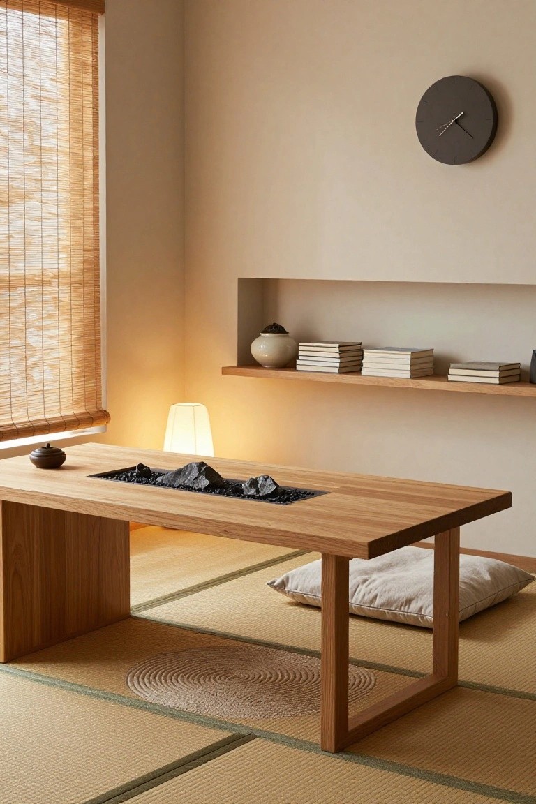 Minimalist indoor room with beige walls, bamboo blinds, low wooden table containing black pebbles and rocks in a central trough, tatami flooring, floor cushion, wall clock, lamp, and niche shelving with ceramics and books.
