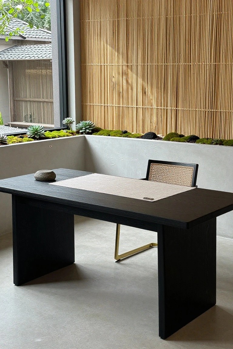 Black wooden desk topped with a beige mat and gray stone, rattan chair with black frame and gold legs, large window with bamboo screen and potted succulents in background