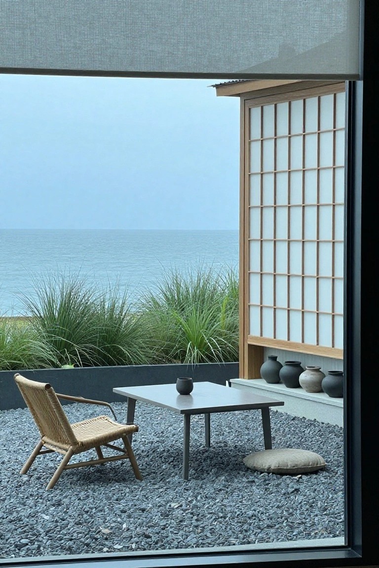 Outdoor terrace with black gravel ground, rattan armchair, low rectangular table with black teacup, beige round cushion, wooden shoji screen wall with shelf holding ceramic pots, grasses and ocean view through large glass panels.