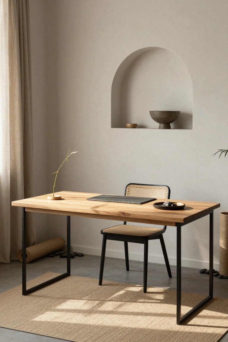A light wood desk with black metal legs in a minimalist office, topped with a laptop, small dish, and vase holding a branch, next to a rattan chair, with a curved wall niche holding a large pot and small bowl.