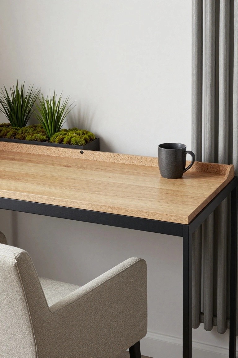 Light wood desk with black frame, gray mug, and plants by window.