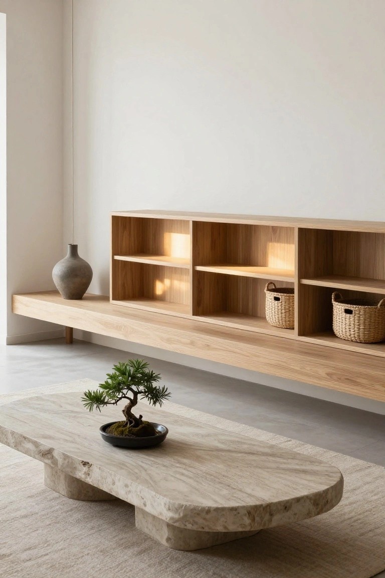 Minimalist indoor room featuring a floating oak wood shelving unit with open shelves holding woven baskets, a gray ceramic vase on the shelf extension, a small bonsai tree in a black pot on an oval travertine coffee table, beige rug, and light wood floors against white walls.