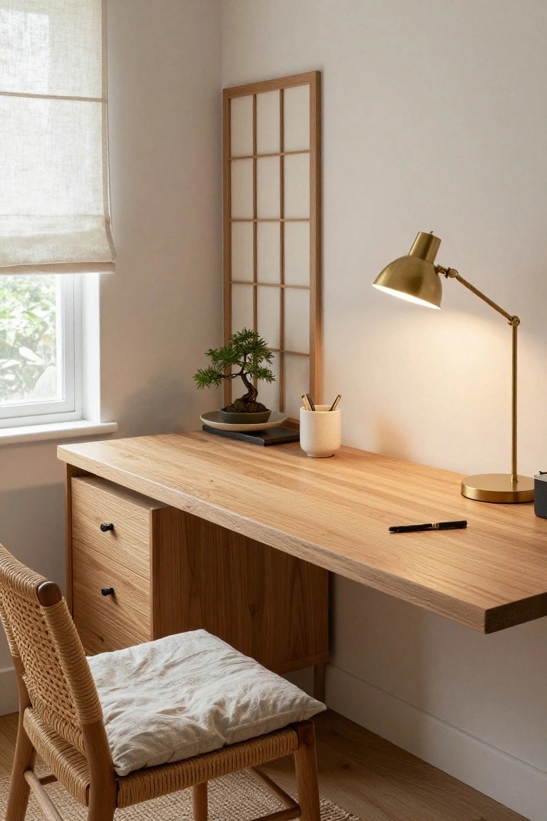 A Japandi home office corner with a wall-mounted oak desk featuring drawers, rattan chair with white cushion, bonsai tree in dish, shoji screen, gold adjustable lamp, and white vase on white walls near a linen-curtained window.