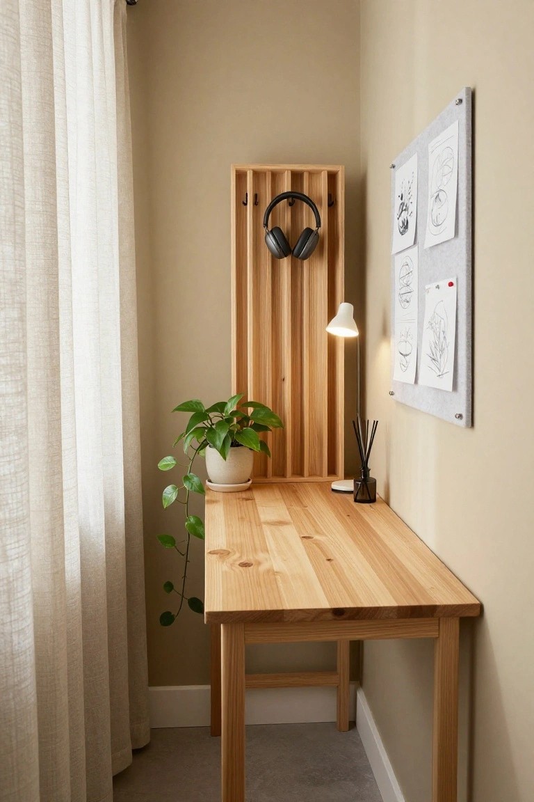 Corner of a beige room with white curtains, light pine wood desk, slatted wooden wall rack holding black headphones, potted green plant on desk, desk lamp, black reed diffuser, and white bulletin board with sketches on wall.