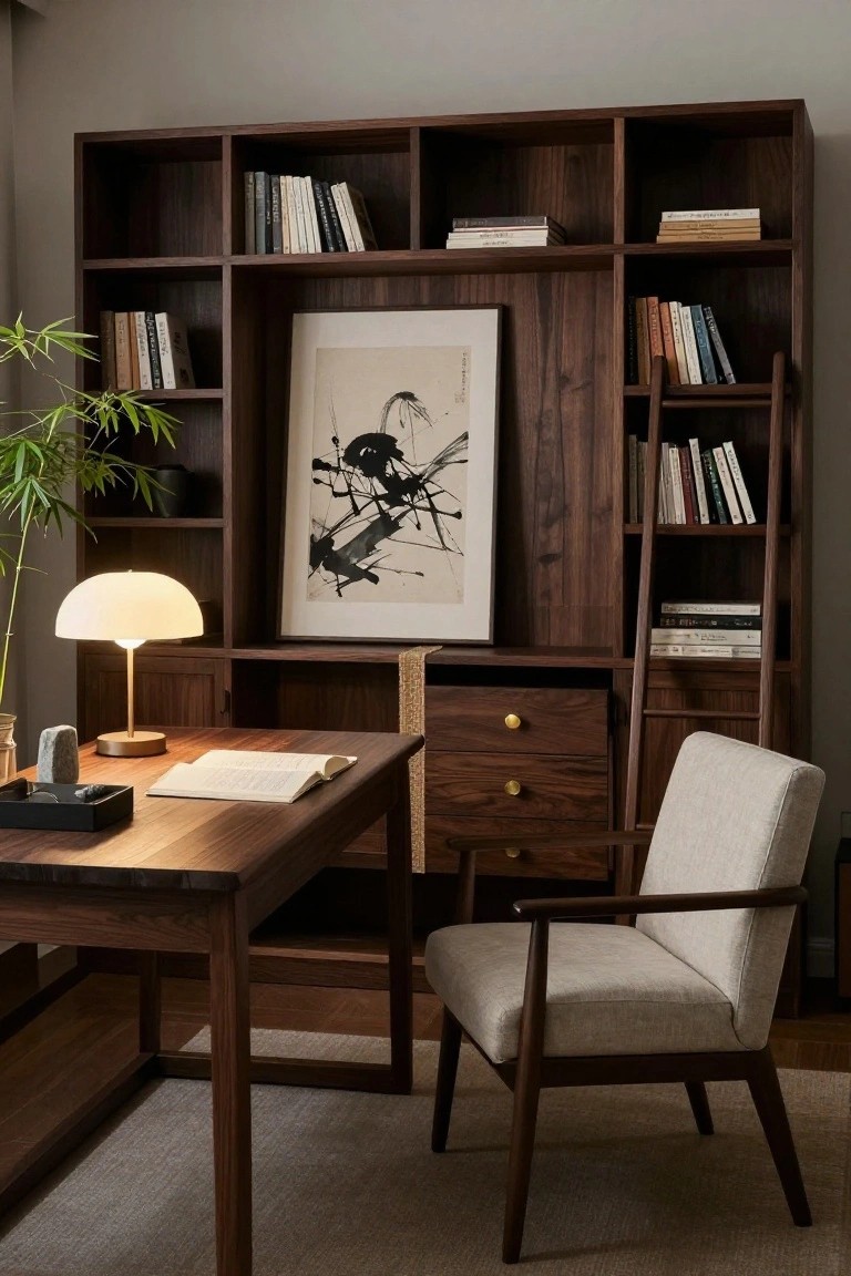 A home office with tall walnut wood bookshelves filled with books, an integrated wooden desk with open drawers and an open book, a cream fabric armchair, a potted bamboo plant, and a white mushroom-shaped lamp on the desk.