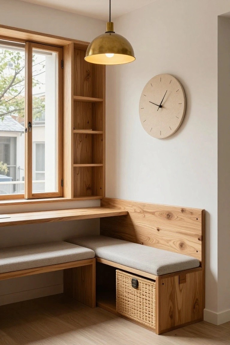 Light wood built-in desk and cushioned bench nook integrated around a large window, with open shelves, wall clock, pendant lamp, and rattan storage basket in a minimalist room.