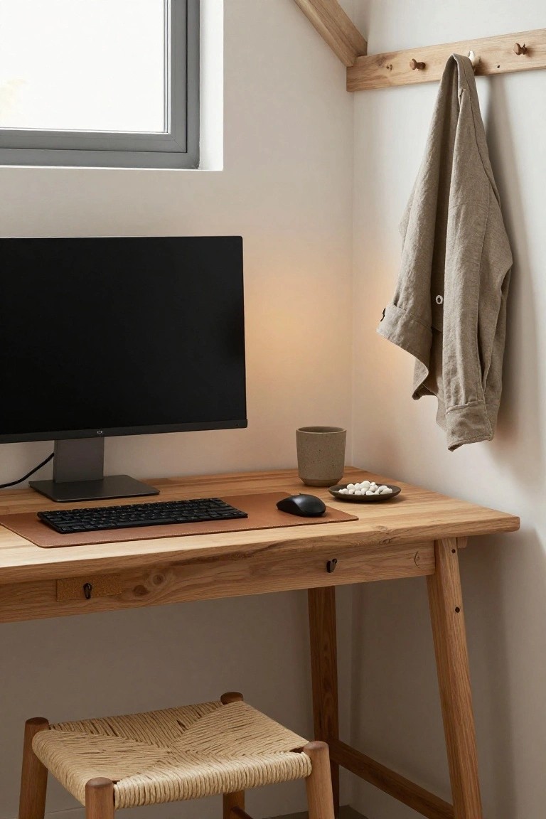 A minimalist home office corner with a light wooden desk holding a black monitor, compact keyboard, mouse on leather mat, ceramic mug, and small dish of white candies, plus a woven rattan stool and beige linen shirt on wooden peg hooks next to a window.