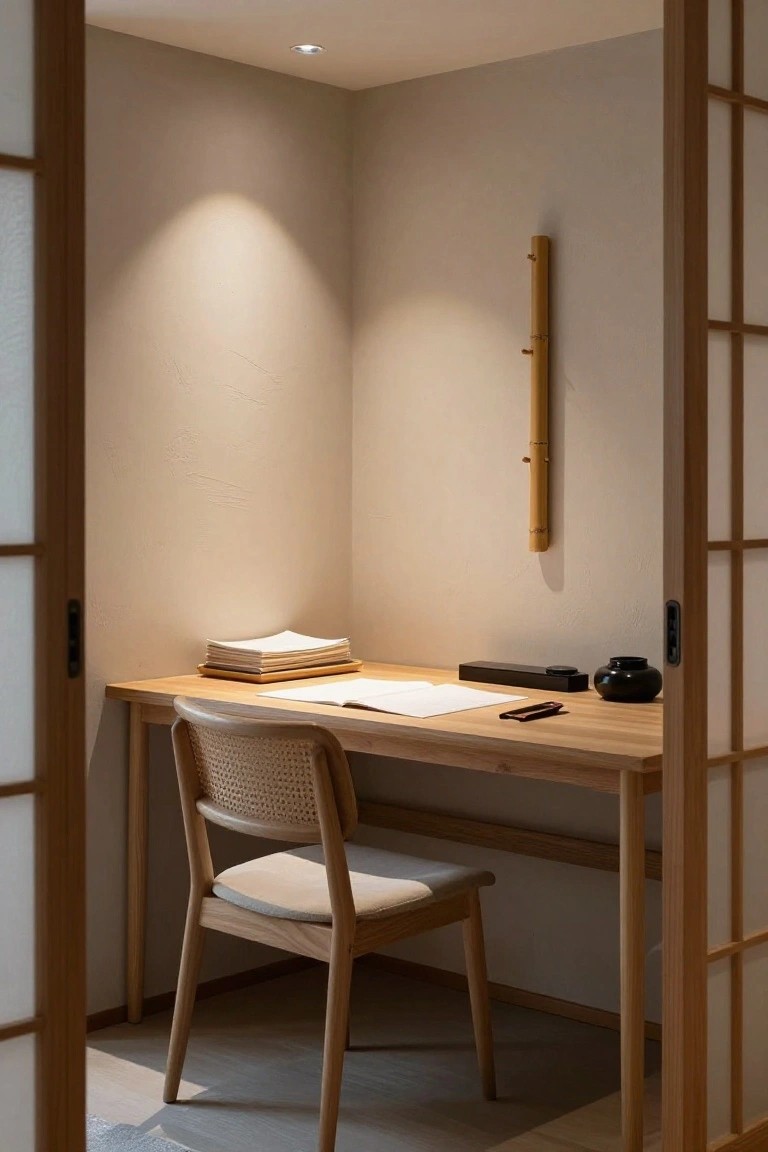 Corner office nook with open wooden shoji sliding doors, wooden desk topped with stacked papers, open notebook, black accessories, black vase, rattan chair, and vertical bamboo wall rack.