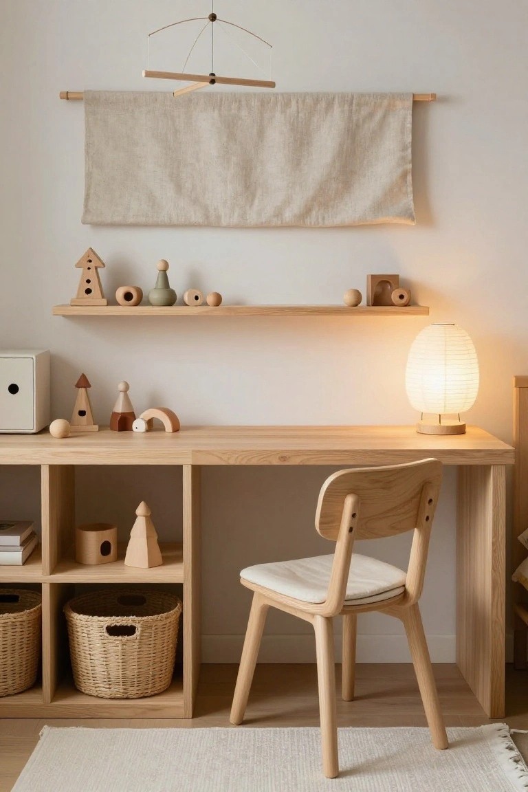 A light wood desk with integrated open shelves and cubbies containing wicker baskets, wooden toys on display, and a paper lantern lamp on the desk surface in a minimalist bedroom corner.
