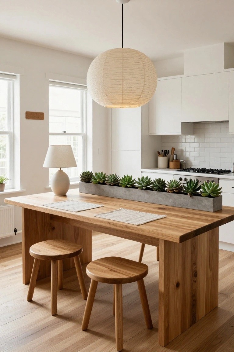 A minimalist kitchen with a rectangular light wood table, two round wooden stools, a long concrete planter of succulents centered on the table, white cabinets, subway tile backsplash, wooden floors, and a large round paper lantern pendant light overhead.