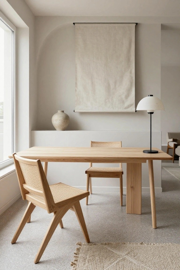 Minimalist home office interior with rectangular light oak desk, two wooden chairs featuring cane seats and backs with slanted legs, black metal desk lamp, beige ceramic vase on shelf, large beige hanging textile on wall, and window view.