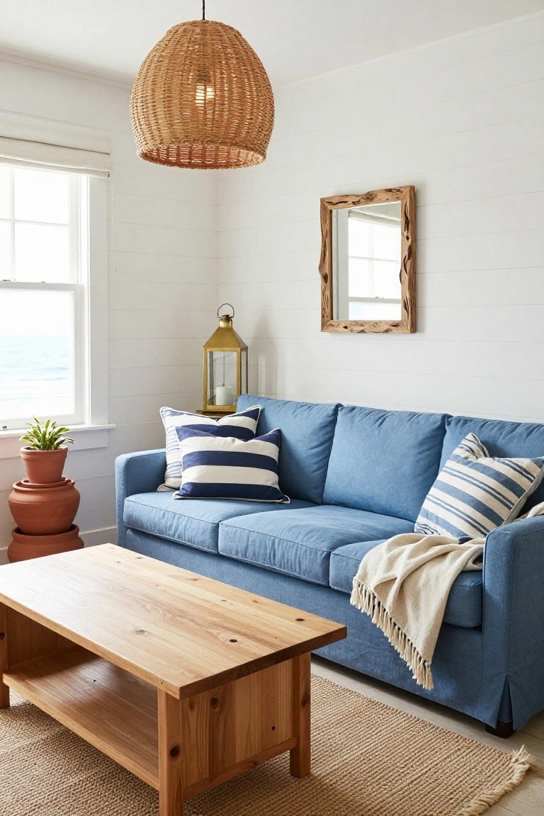 Bright coastal living room corner with blue three-seat sofa topped with navy and white striped pillows and white throw blanket, wood coffee table with shelf, stacked terracotta pots with plants, brass lantern, wood-framed mirror, rattan pendant light, shiplap walls, and window showing ocean view.
