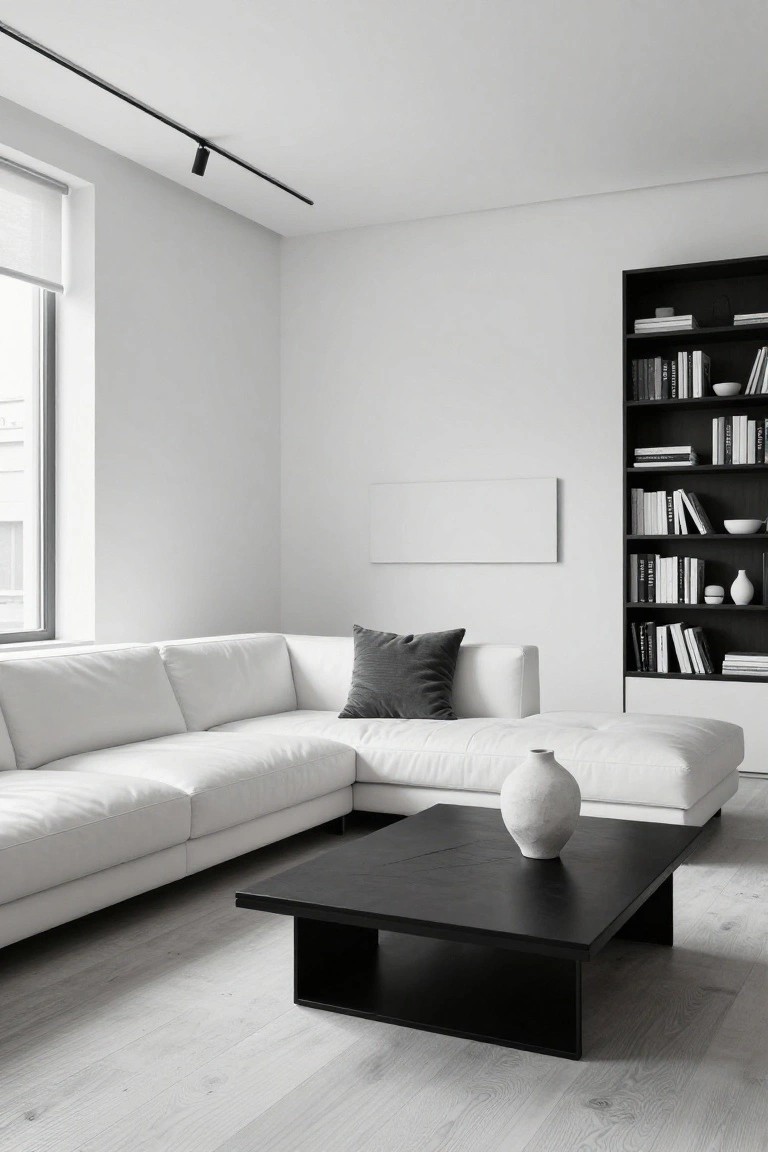 Black and white photo of a minimalist living room with a white L-shaped sofa in the corner, black square coffee table holding a white vase, black built-in bookshelves filled with books and objects, white walls, and a large window with blinds.