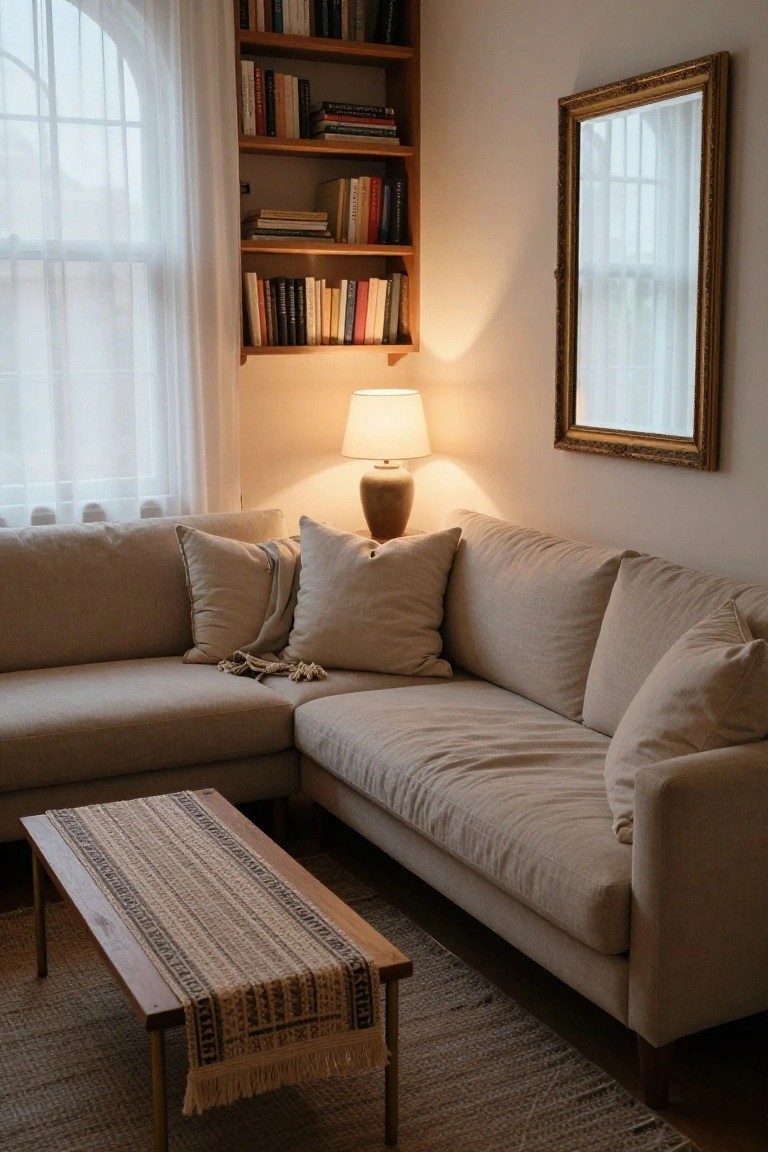 Beige L-shaped sofa in a living room corner with wooden bookshelves, ceramic lamp on side table, gold-framed mirror, and arched window with sheer curtains.