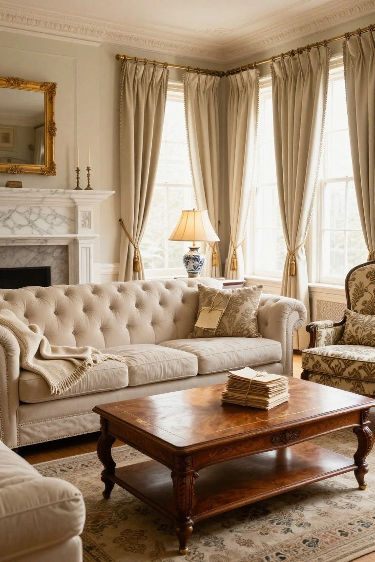 Living room with cream tufted L-shaped sofa in corner, wooden coffee table holding stacked papers, marble fireplace, large curtained windows, and patterned armchair.