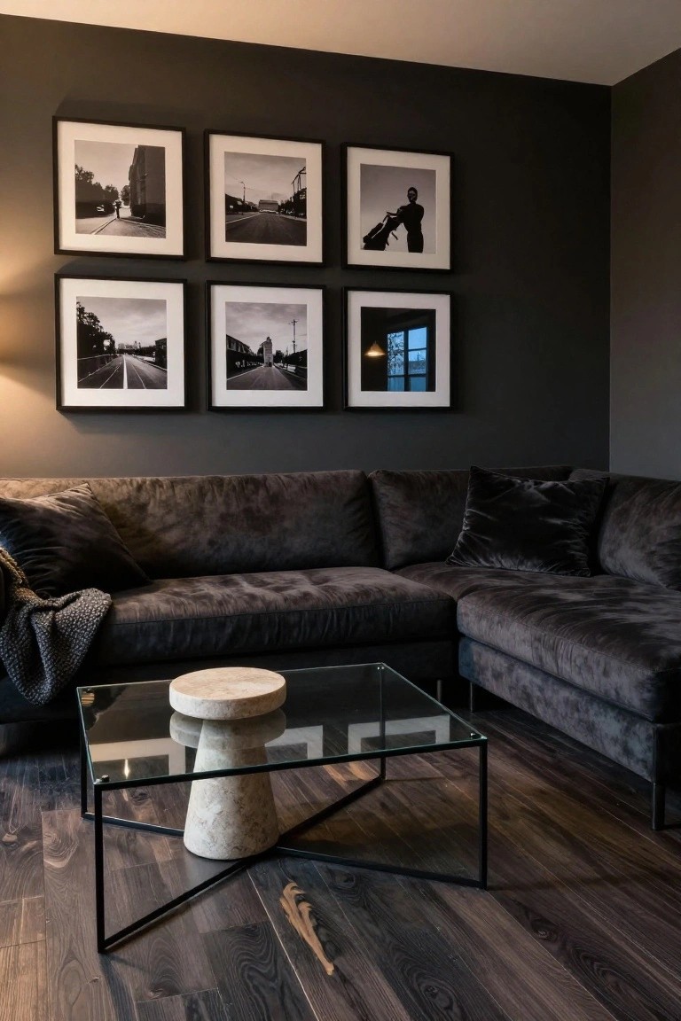 Dark gray L-shaped velvet sofa positioned in the corner of a living room against charcoal walls, with six black-and-white framed photos in a grid above, a clear glass coffee table holding a cylindrical stone stool, and dark wood plank flooring.