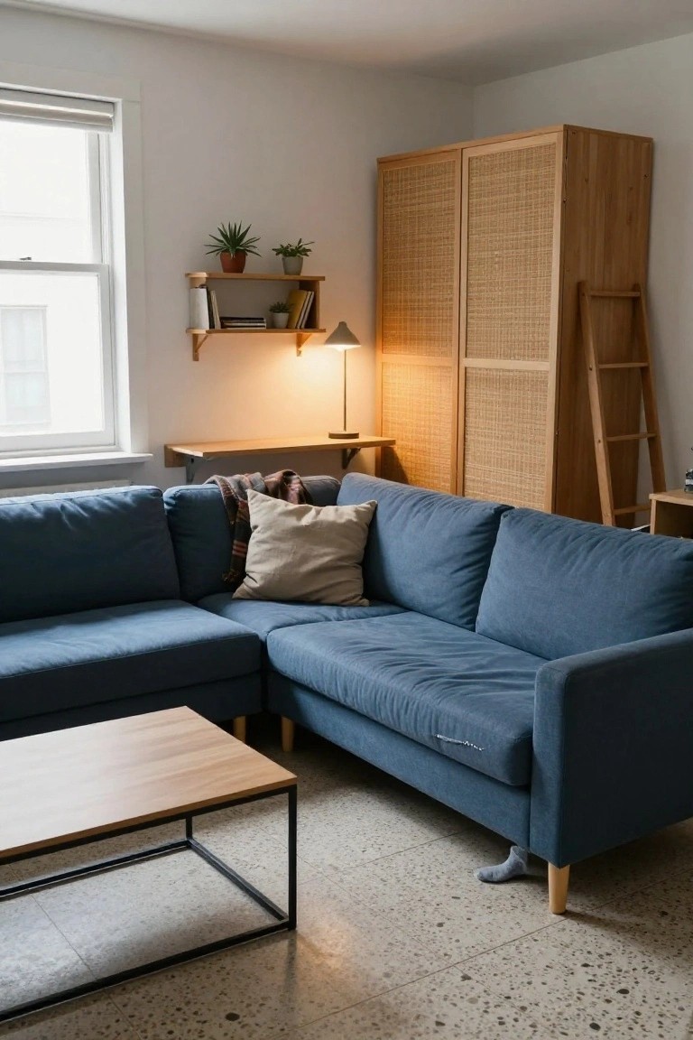 Blue L-shaped sofa in the corner of a light-filled living room with wooden coffee table, rattan wardrobe, desk shelf, plants, and terrazzo tile floor.