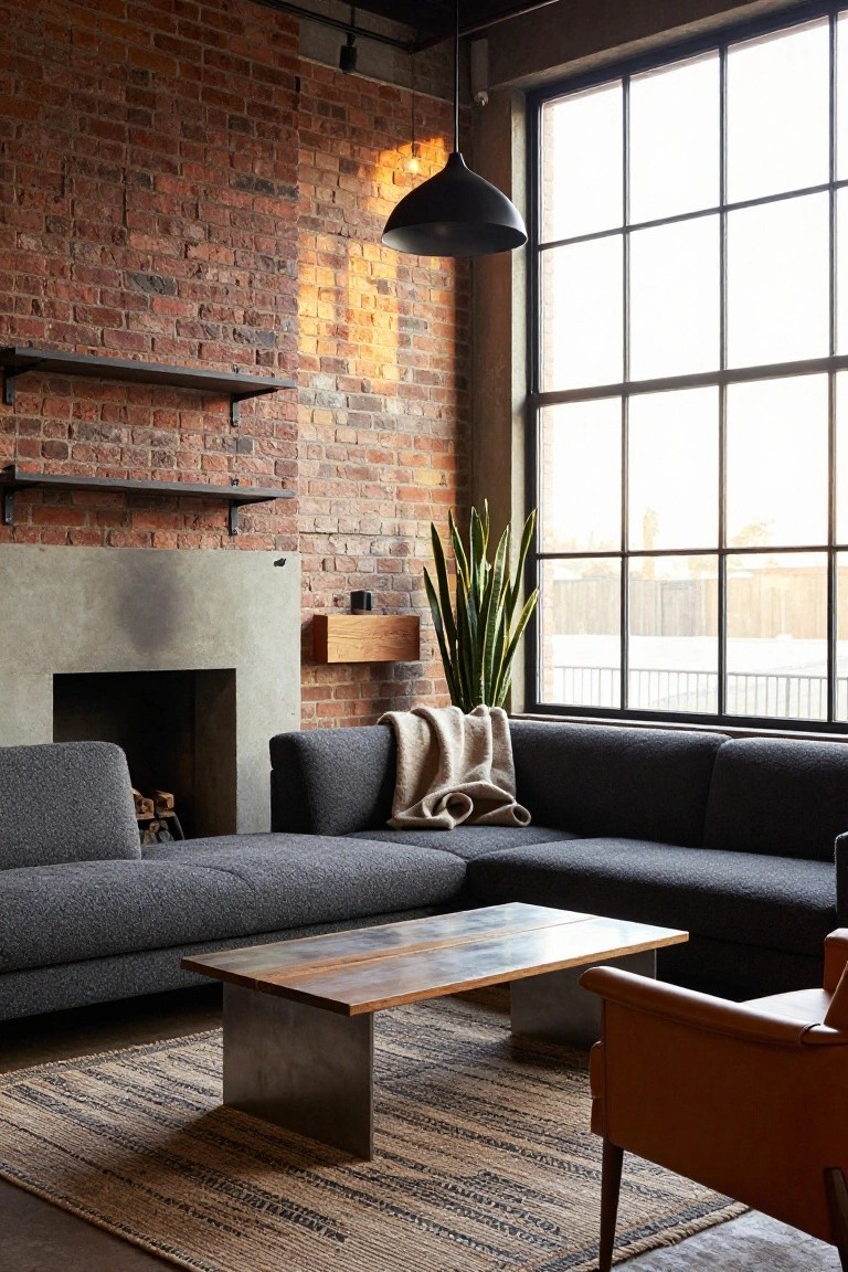 Living room interior with L-shaped dark gray sofa in corner by concrete fireplace, wood and metal coffee table, orange leather armchair, exposed brick walls, large grid windows, potted plant, and wool rug.