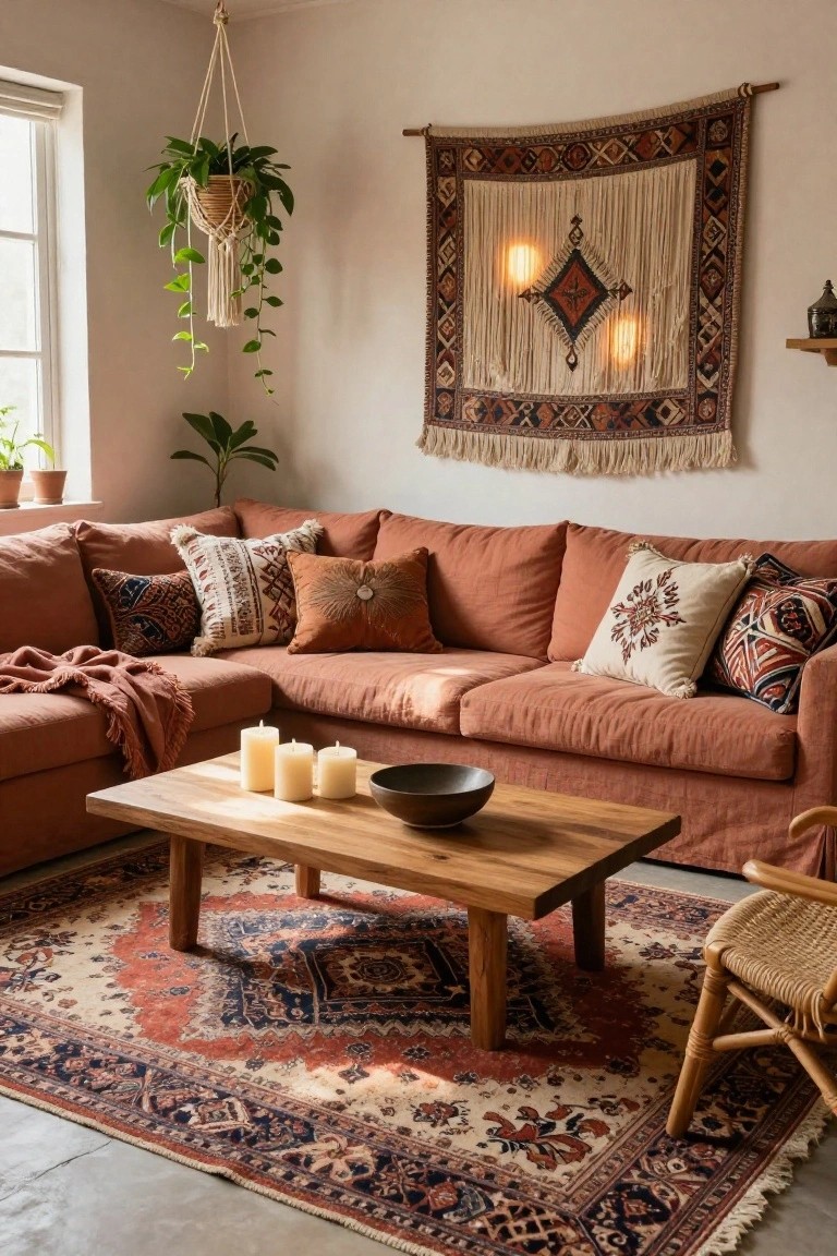 Terracotta L-shaped fabric sofa in a corner of a light-filled living room with macrame hanging plant, woven wall tapestry with lights, wooden coffee table holding candles and bowl, patterned rug, and rattan chair.
