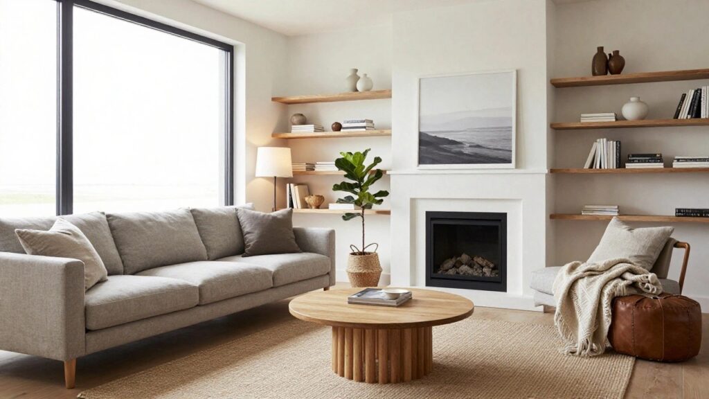23 L-Shape Sofa Ideas for Layouts That Maximize Comfort Light gray L-shaped sofa positioned in the corner of a white-walled living room next to large black-framed windows and a white fireplace with floating oak shelves above, wooden oval coffee table on beige rug, and potted plants.