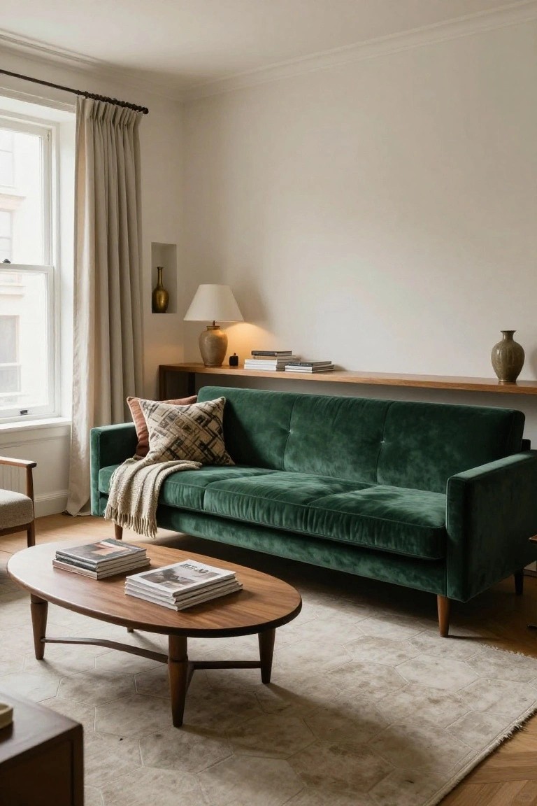 Modern living room with emerald green velvet three-seater sofa against a white wall under a wooden floating shelf holding books and vases, oval wooden coffee table with stacked magazines, beige area rug, linen curtains on large window, and potted ceramics nearby.