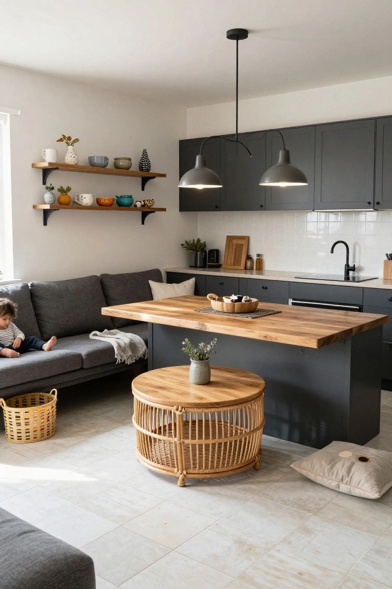 Modern open-plan kitchen with wooden island, gray sofa, and round rattan coffee table.