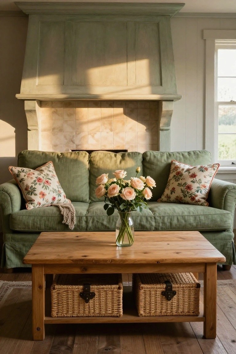 Green slipcovered L-shaped sofa in front of a light green painted fireplace with beige tile insert, wooden coffee table with vase of pink roses and two wicker storage baskets underneath, hardwood floors and white paneled walls.
