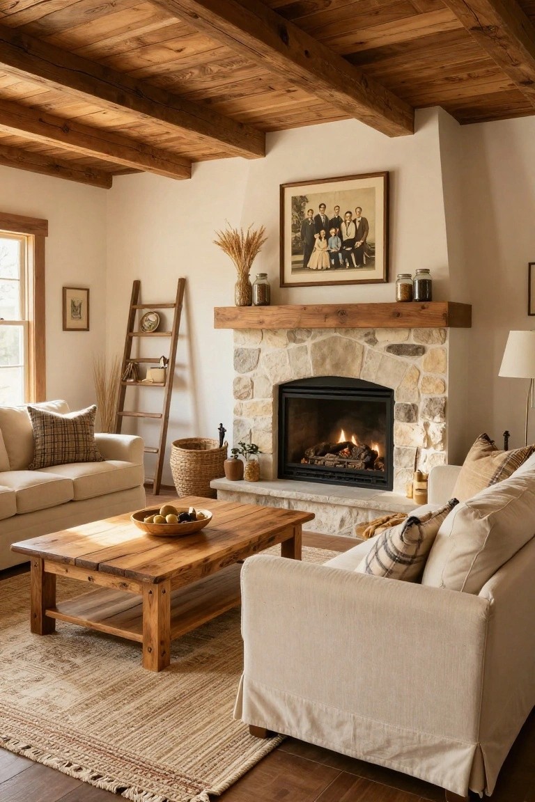 Living room with beige L-shaped sofa facing stone gas fireplace, wooden coffee table holding fruit bowl, ladder shelf with plants, family photo above mantel, and exposed wooden ceiling beams.
