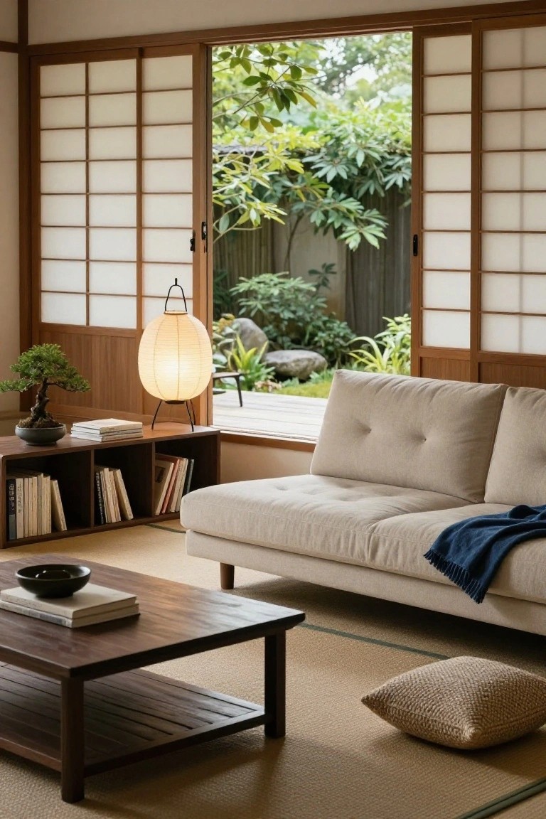 Beige L-shaped sofa in a minimalist Japanese living room with open shoji screens to a garden, wooden coffee table, bonsai plant on shelf, paper lantern lamp, and bookshelves.