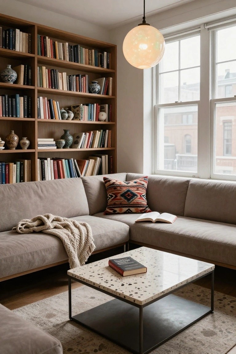 Gray L-shaped sofa in a corner room with wooden bookshelves filled with books and ceramics, a speckled coffee table holding a book, a patterned pillow, a throw blanket, and large windows.