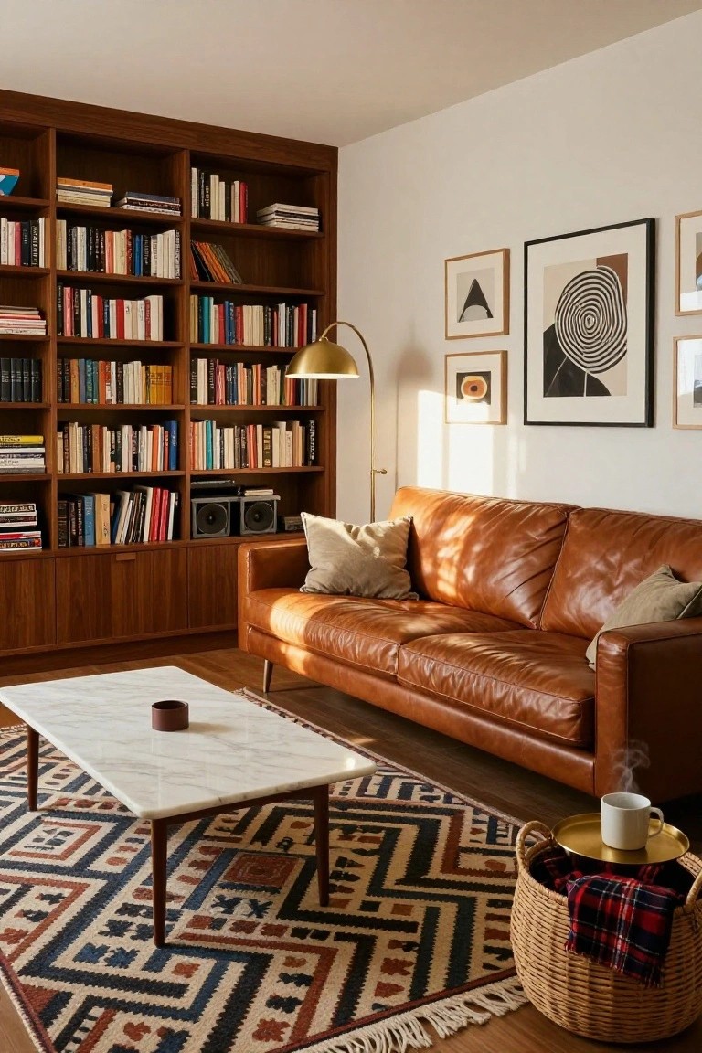Tan L-shaped leather sofa positioned in a corner against tall walnut built-in bookshelves in a light room with white walls, modern abstract art, a gold arc lamp, white marble coffee table, patterned rug, and wicker basket with plaid blanket.