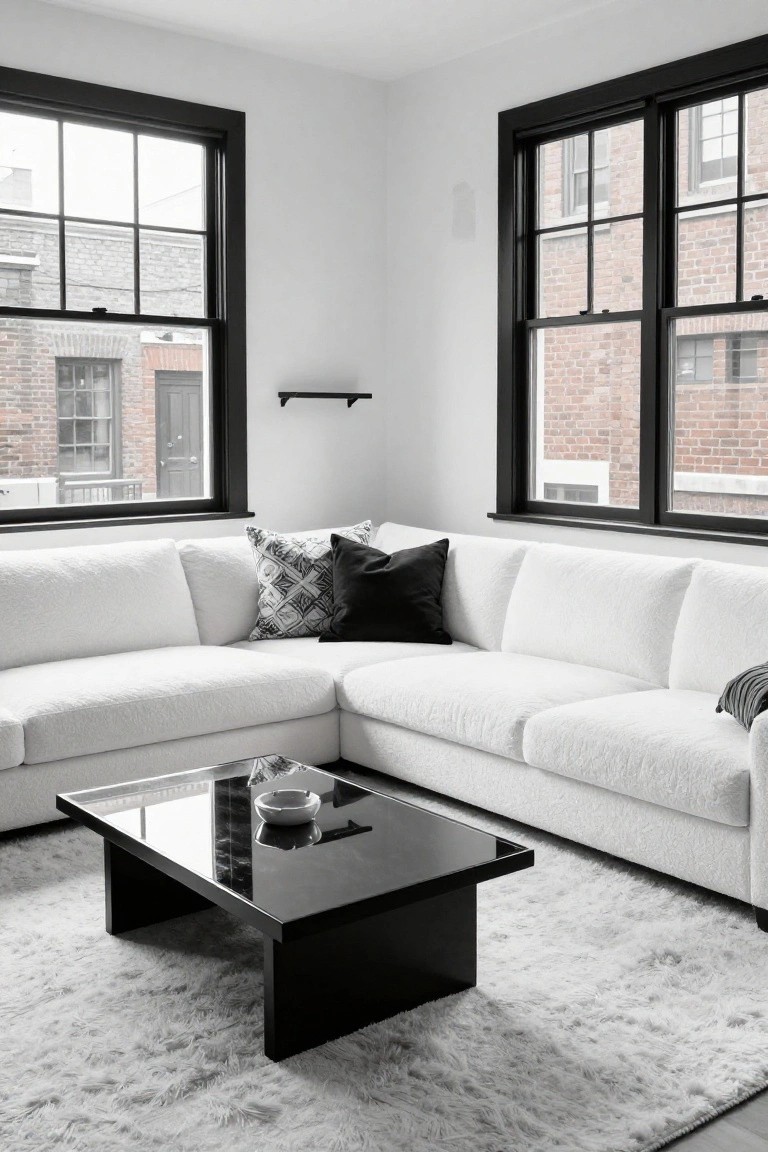 White L-shaped sofa in the corner of a living room with large black-framed windows overlooking brick buildings, black glass coffee table with a white bowl, patterned pillows, and light gray fluffy rug.