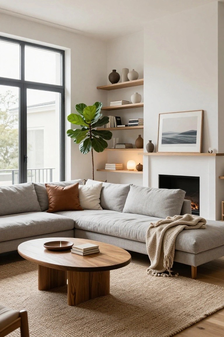 Light gray L-shaped sofa positioned in the corner of a white-walled living room next to large black-framed windows and a white fireplace with floating oak shelves above, wooden oval coffee table on beige rug, and potted plants.