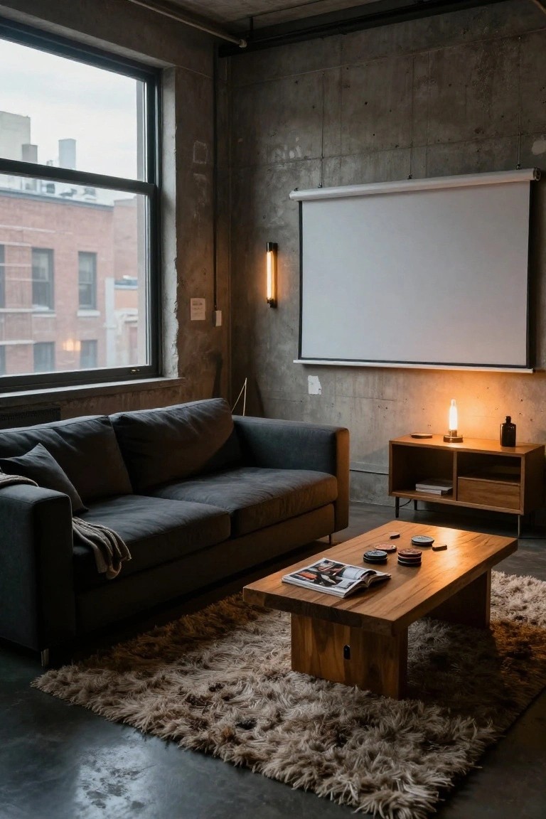 Modern living room with dark sofa, wooden coffee table, and projector screen.