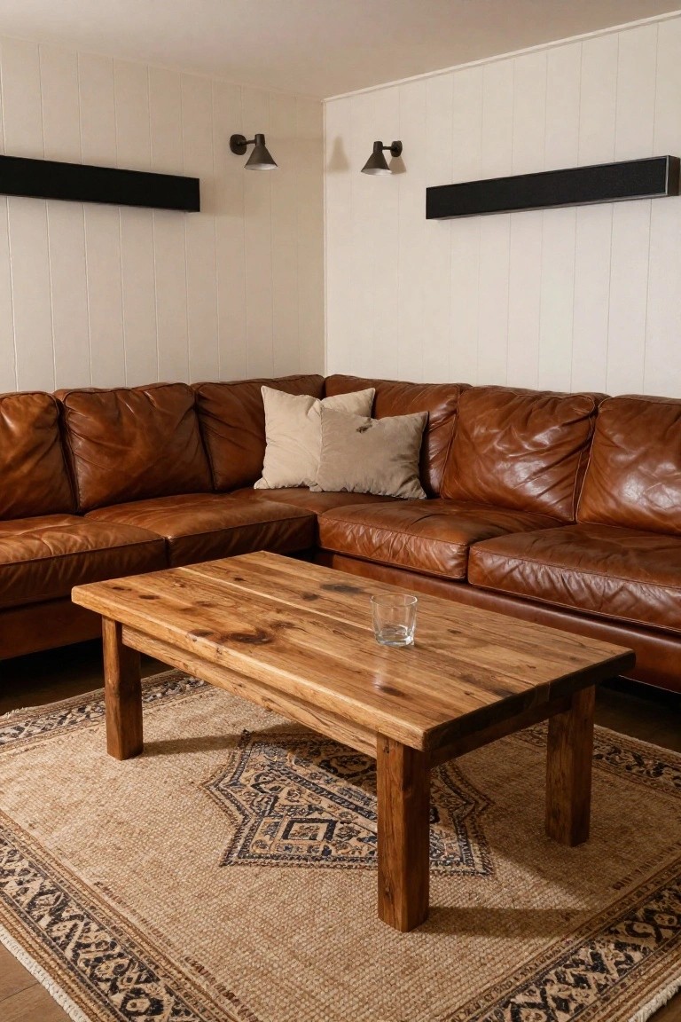 Corner of a living room with brown leather L-shaped sofa, wooden coffee table holding a glass, beige rug with blue and black pattern, white shiplap walls, wall sconces, and black speaker panels.