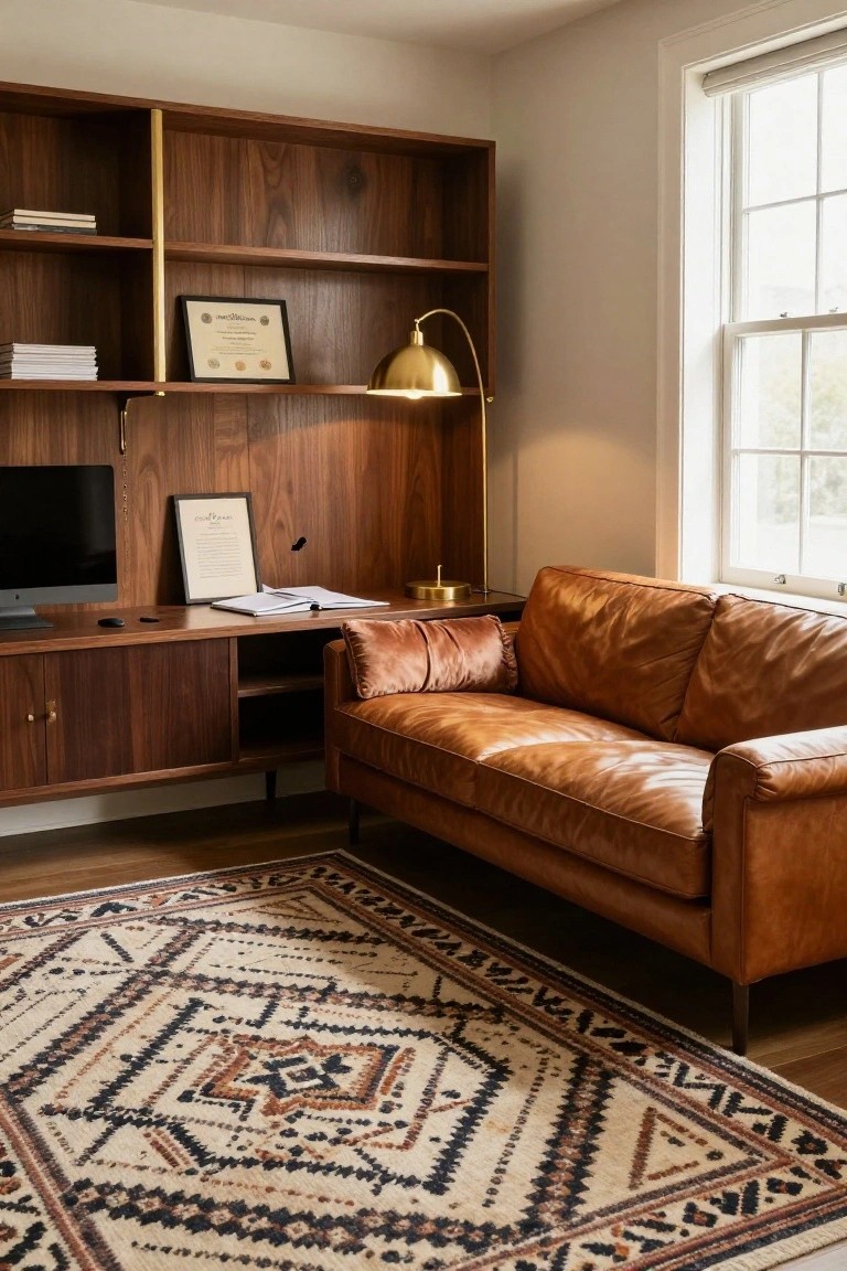 Home study room with walnut wood built-in shelving and desk on one wall, tan L-shaped leather sofa in the corner on a geometric patterned rug, brass lamp, and window with blinds.