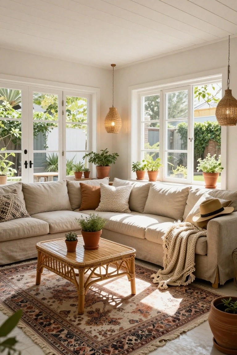 Beige linen L-shaped sofa in a white corner room with large windows showing garden plants outside, rattan coffee table, potted plants, throw blanket, pillows, and hanging pendant lights.