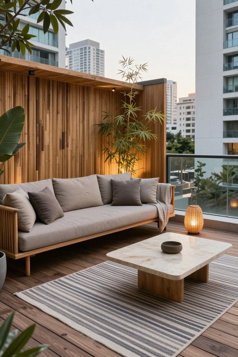 Beige L-shaped outdoor sofa on a wooden deck balcony enclosed by bamboo screens and plants, with a low marble coffee table, rattan lantern, and city skyline view at dusk.