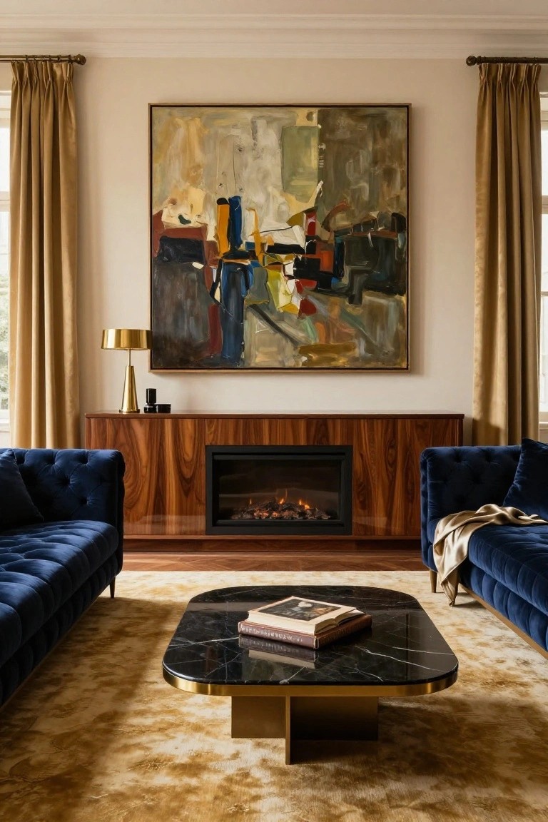 Living room with two blue velvet L-shaped sofas positioned symmetrically in front of a linear gas fireplace built into a dark wood credenza, a black marble coffee table between them, a large abstract painting on the wall above, gold lamp on the credenza, and beige curtains at the windows.