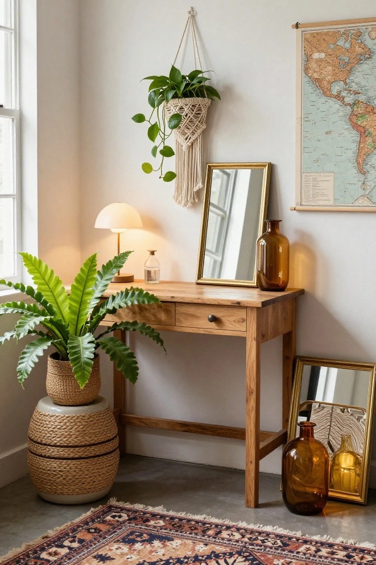 Corner of a white-walled room with wooden desk, large potted bird's nest fern on a basket stool, hanging pothos in macrame, gold mirrors, glass lamp, amber bottles, and patterned rug on concrete floor.