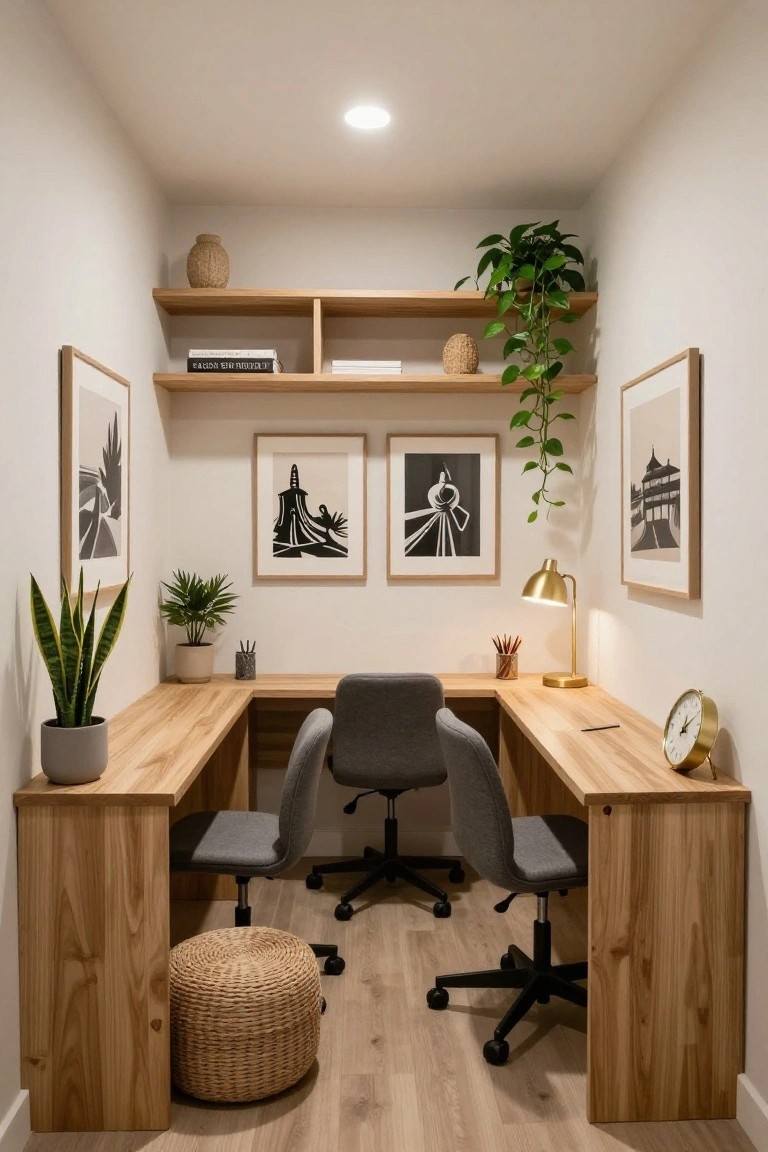 Compact white-walled office nook with light wood corner desk, two gray swivel chairs, potted snake plant on floor, trailing pothos on shelves, framed black line art, gold desk lamp, and woven pouf stool.