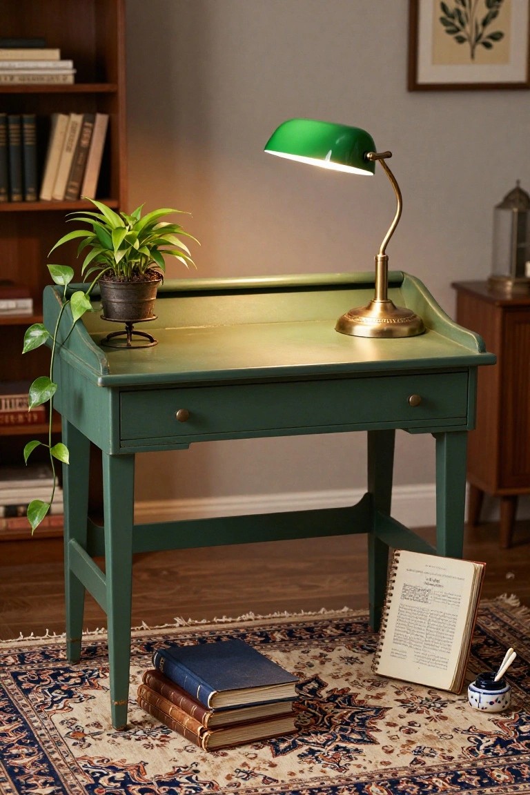 Green painted vintage desk with brass banker's lamp, trailing pothos vine from shelf to desk edge, potted spiky plant, bookshelves, books on floor rug, and small ceramic inkwell.